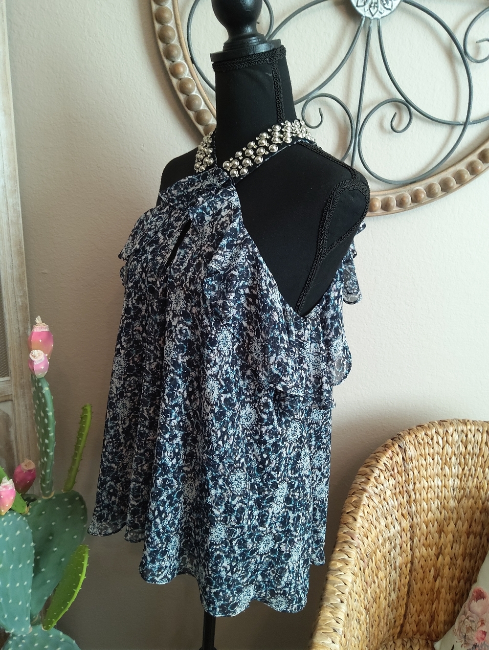 Jennifer Lopez Navy Floral Embellished Halter Camisole - Picture 9 of 12